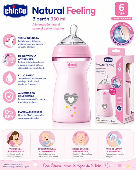 Chicco Biberón Natural Feeling 330 ml 6M+ Rosa - 81335-10 💛