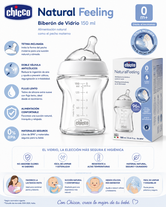 Chicco Biberón Natural Feeling de Vidrio 150 ml 0M+
Ref.: 80611-00
