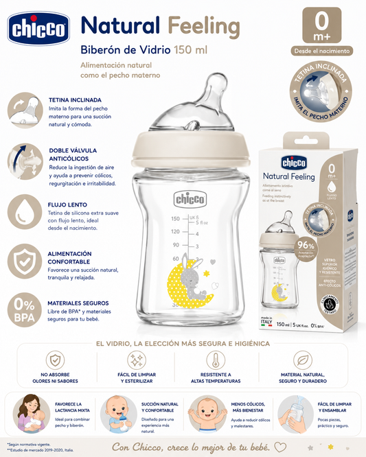 Chicco Biberón de Vidrio Natural Feeling 150 ml 0M+
Ref.: 81211-30 | Cód.: 153459