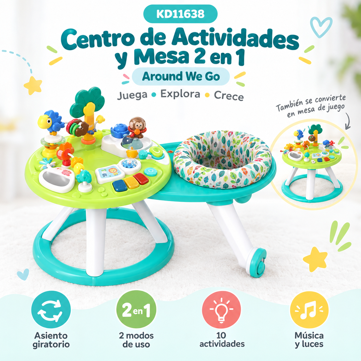 Centro de Actividades y Mesa 2en1 Around We Go con Asiento Giratorio KD11638 – 116382 🩵🩷