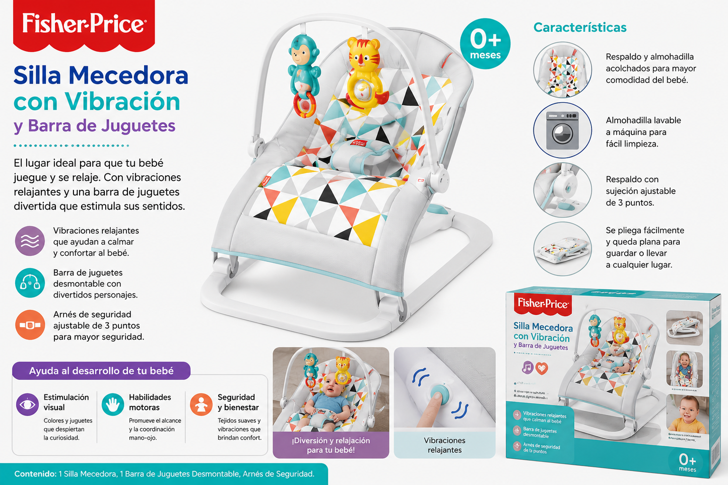 Fisher-Price Silla Mecedora para Bebé con Vibración y Barra de Juguetes 
Edad recomendada: Desde el nacimiento (0+)