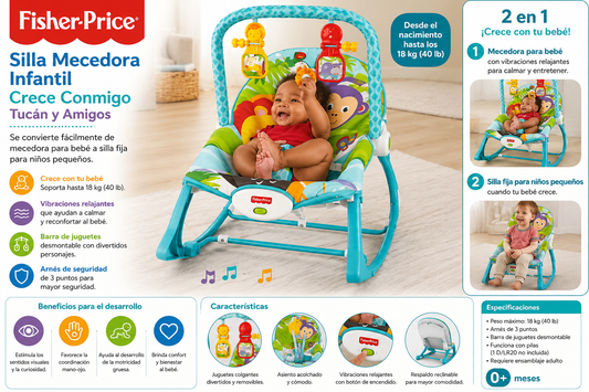 Fisher-Price Silla Mecedora Infantil “Crece Conmigo” – Tucán y Amigos
Edad recomendada: Desde el nacimiento hasta los 18 kg (40 lb)