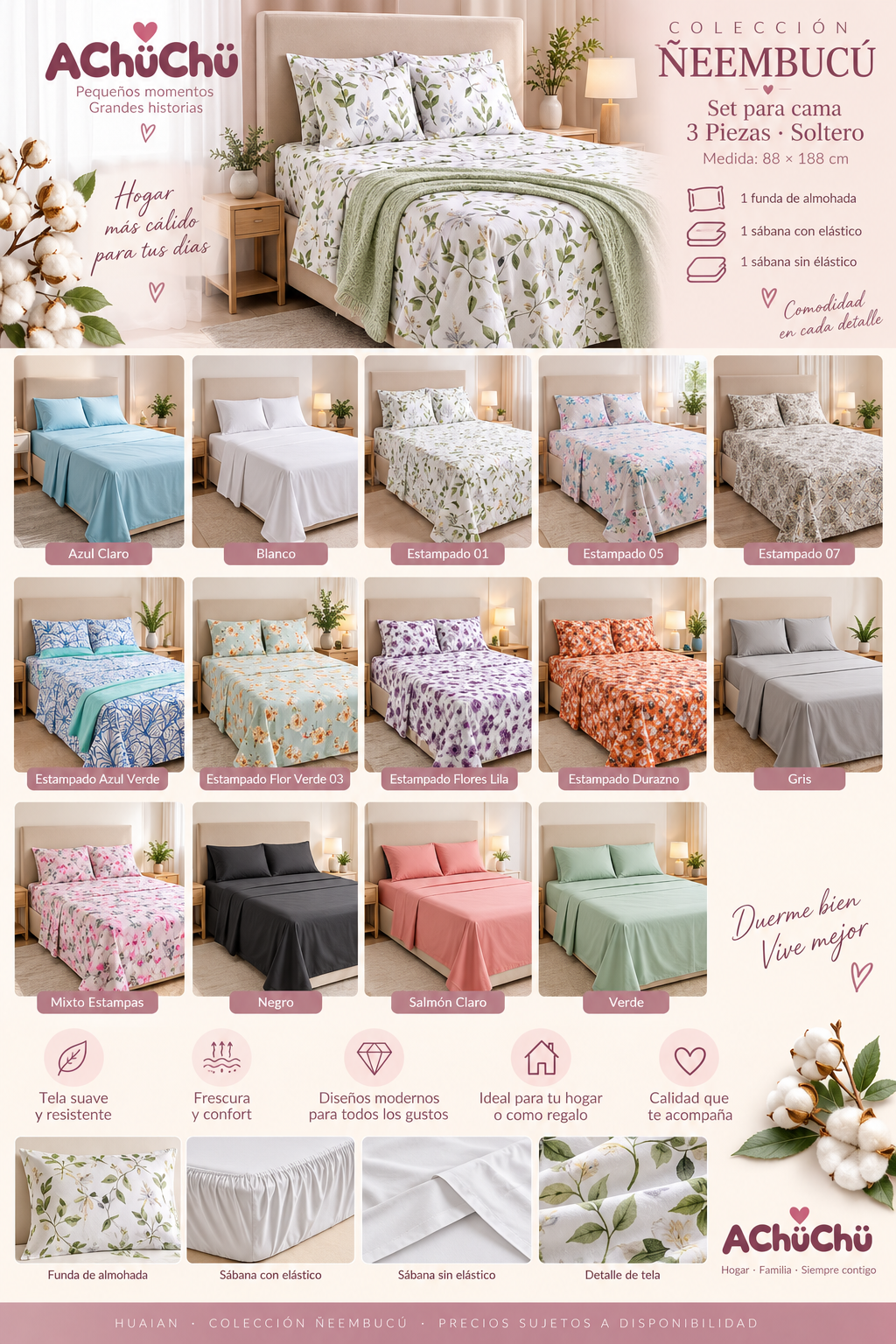Hogar ✨ Set para Cama 3 Piezas – Soltero | Colección Ñeembucú - Medida: 88 × 188 cm - HU0007