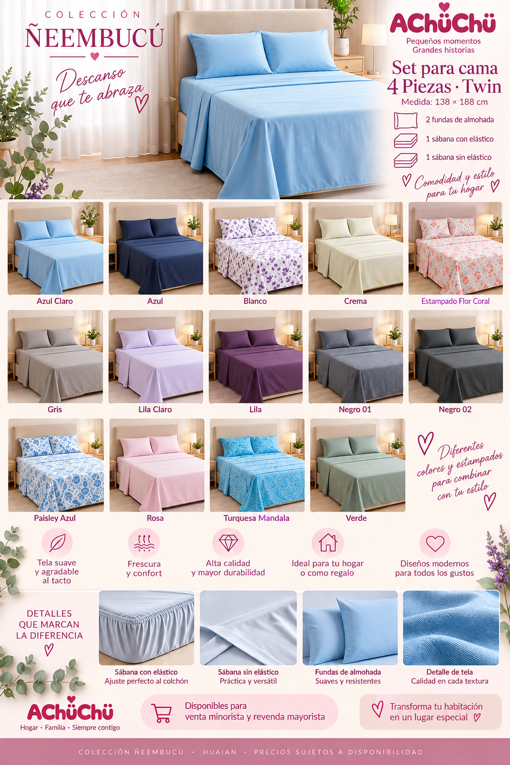 Hogar ✨ Set para Cama 4 Piezas Twin – Colección Ñeembucú 
Medida: 138 × 188 cm - Hu0008