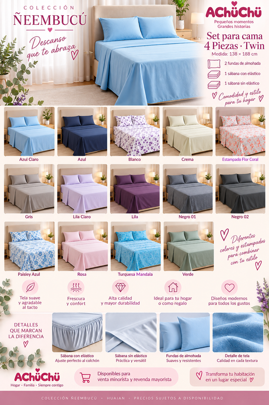 Hogar ✨ Set para Cama 4 Piezas Twin – Colección Ñeembucú 
Medida: 138 × 188 cm - Hu0008