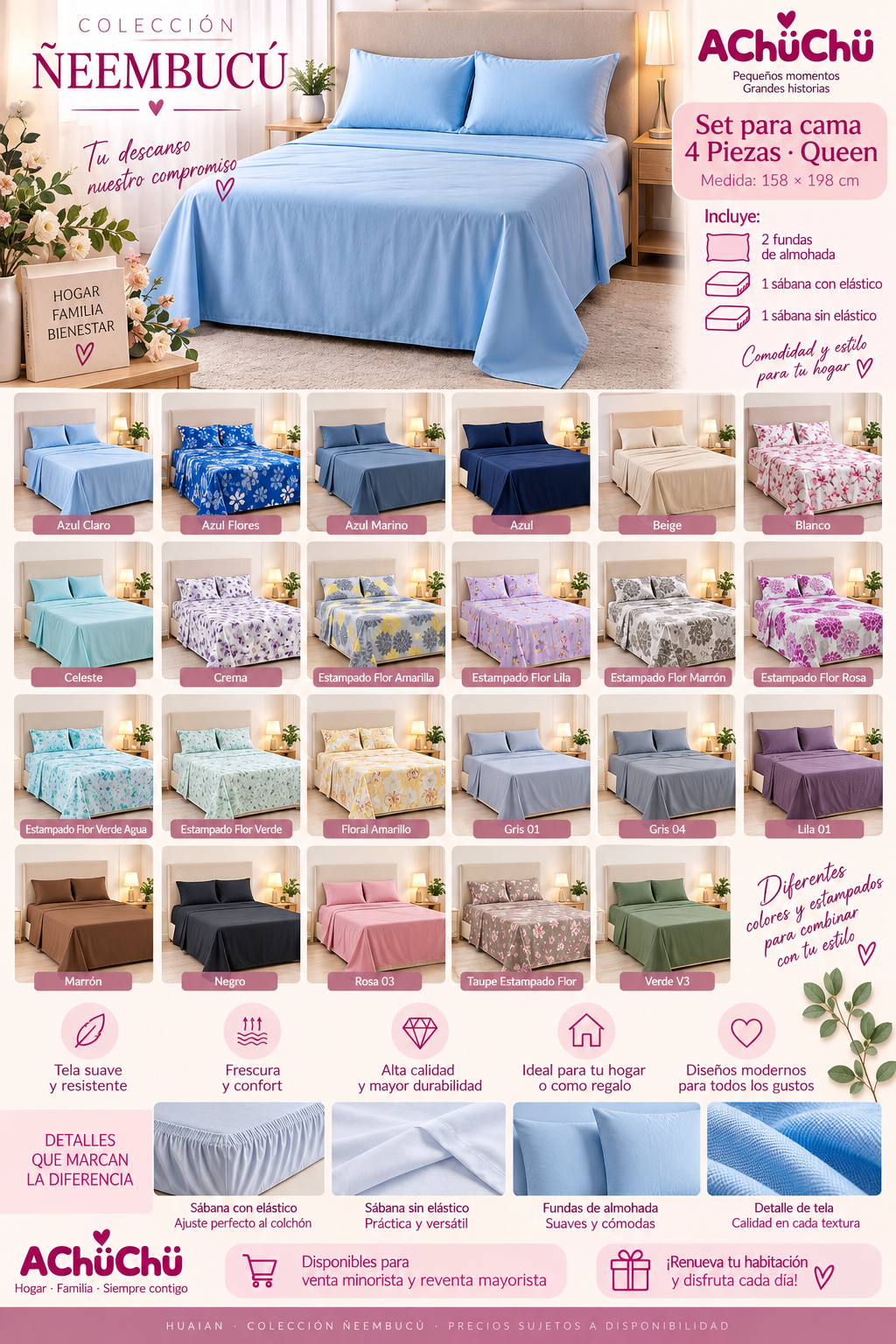 Hogar ✨ Set para Cama 4 Piezas Queen – Colección Ñeembucú
Medida: 158 × 198 cm - HU0009