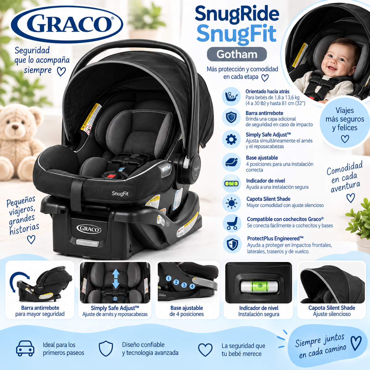 🖤 Graco SnugRide SnugFit Gotham - GR2121500 💛
Silla de auto infantil con características adicionales de protección y comodidad. Diseñada para acompañar al bebé durante sus primeros viajes, combinando un sistema de instalación práctico con elementos