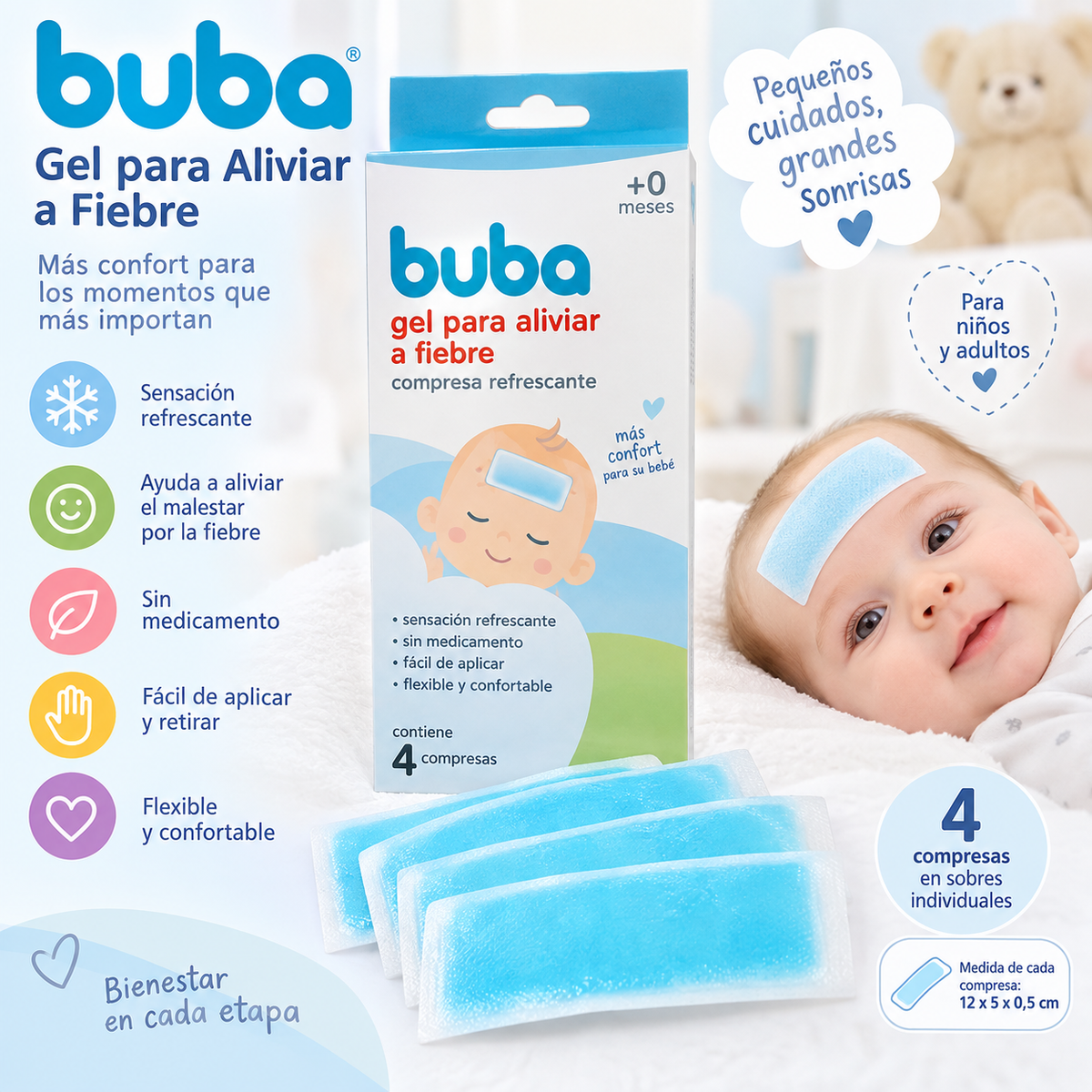 Buba Gel Adhesivo para Aliviar la Fiebre – 4 Compresas - Medida: 12×5×0,5 cm BUB16982 💚