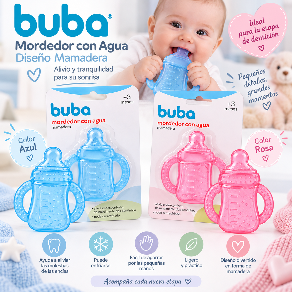 BUBA – Mordedor con Agua Diseño Mamadera Azul / Rosa 
BUB16266/67