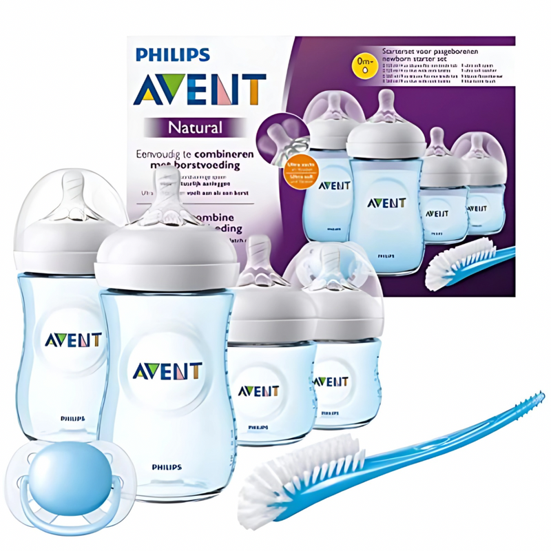 AVENT BIBERON KIT X4 NATURAL+CHUPETE+CEPILLO AZUL / ROSA / TRANSPARENTE 30101-30103-30104