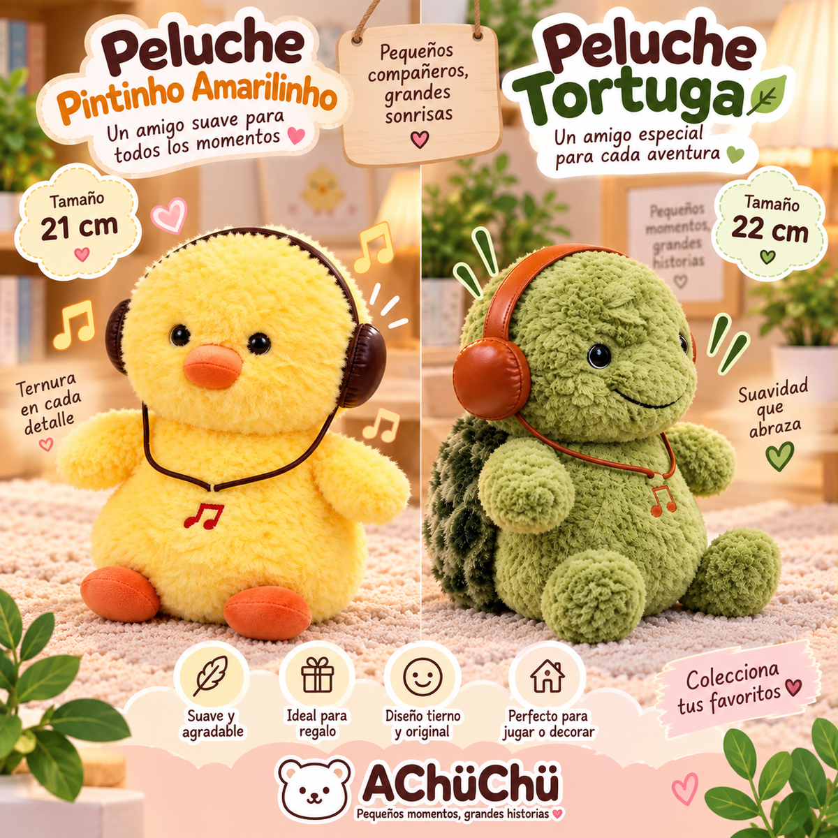 🐥 Peluche Pintinho Amarelinho  21cm - MZ479792 🧡
🐢 Peluche Tortuga – 22cm - MZ479789 💛