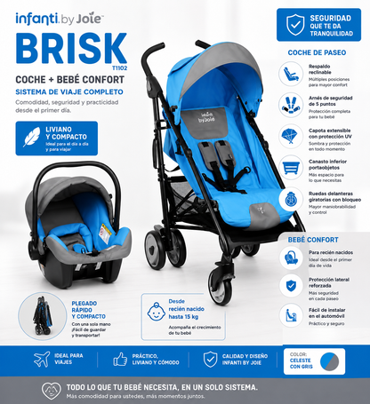 💙Infanti by Joie Carrito+Bebé Confort Brisk Celeste y Gris – T1102 ✨