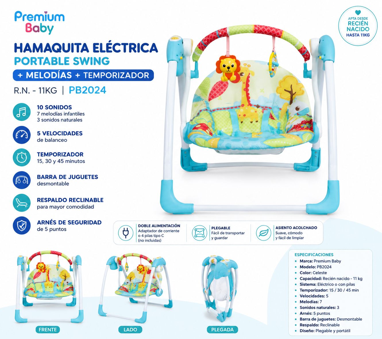 Premium Baby Hamaquita eléctrica Portable Swing + melodías + temporizador 0m-11 kg Celeste PB2024 💚