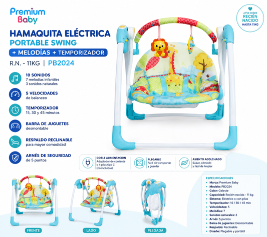 Premium Baby Hamaquita eléctrica Portable Swing + melodías + temporizador 0m-11 kg Celeste PB2024 💚