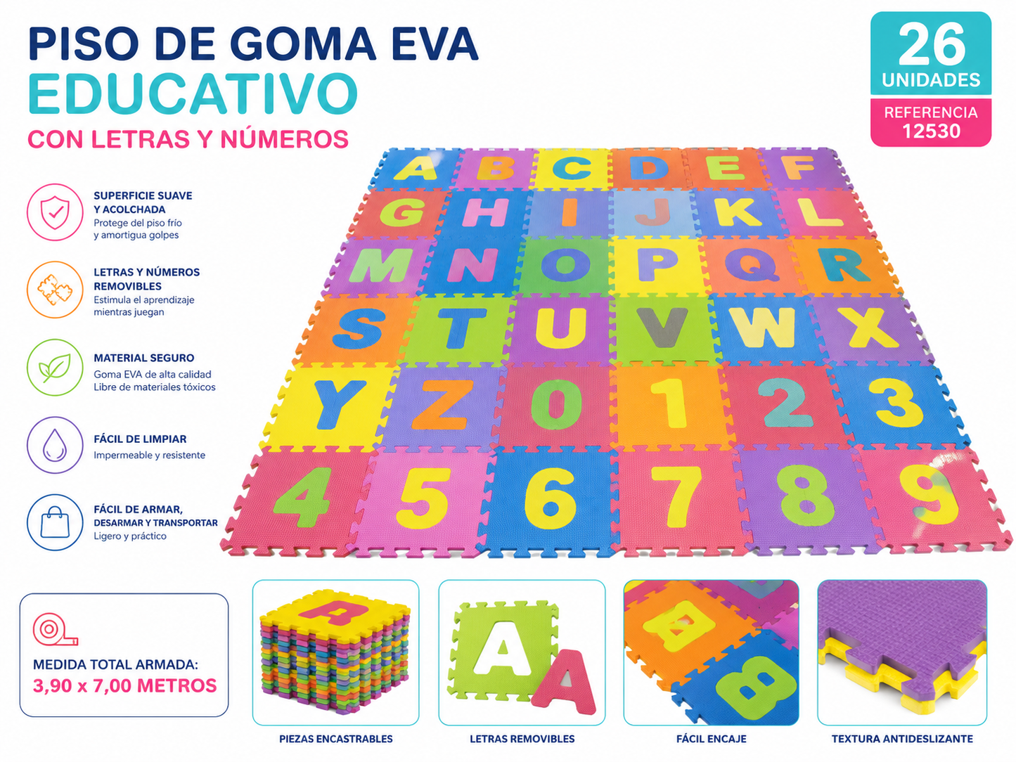 Tapete de Piso de goma EVA educativo con letras y números 12530 ✨