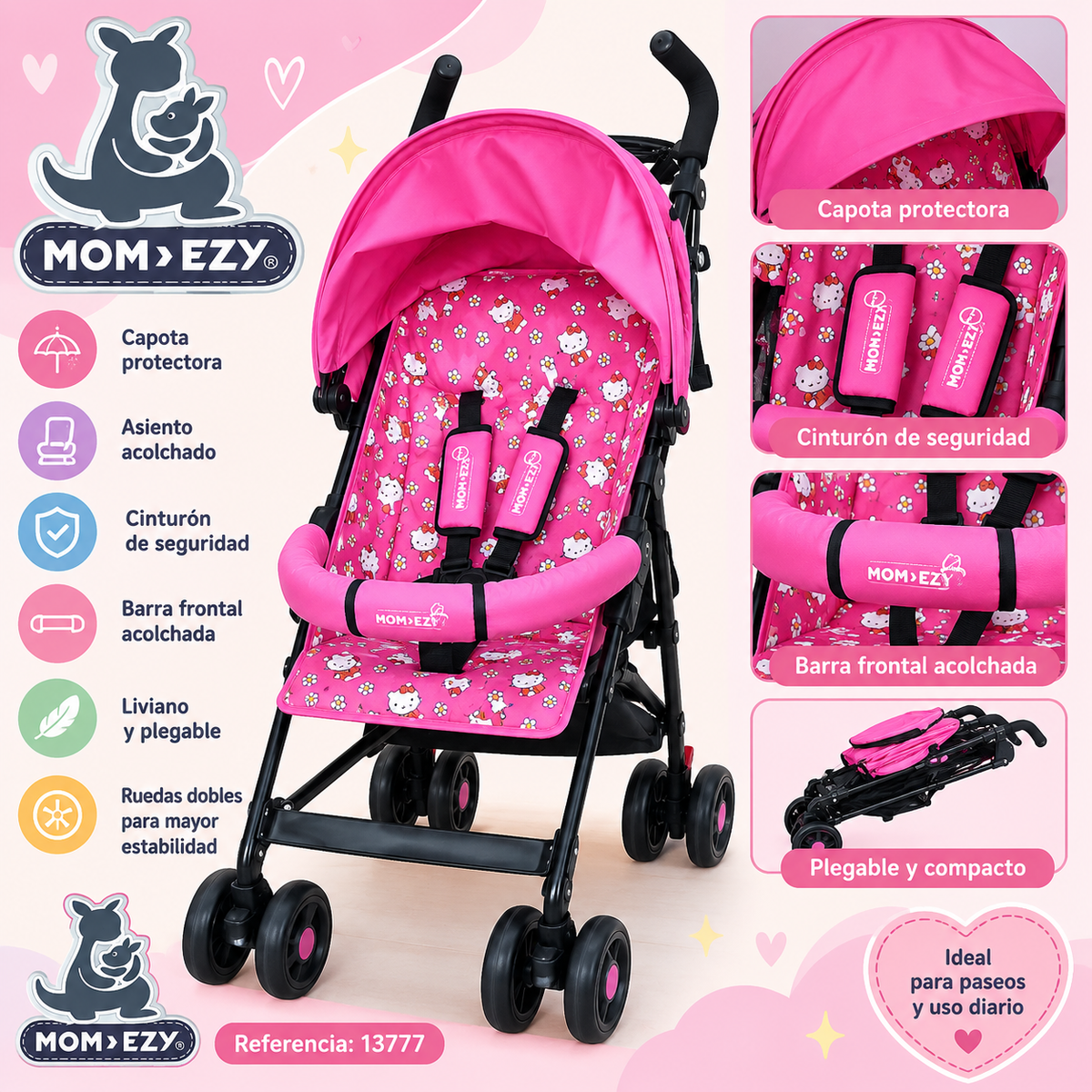 MOM>EZY Cochecito para Bebé 6-25Kg - Rosa - 13777 (Cópia)