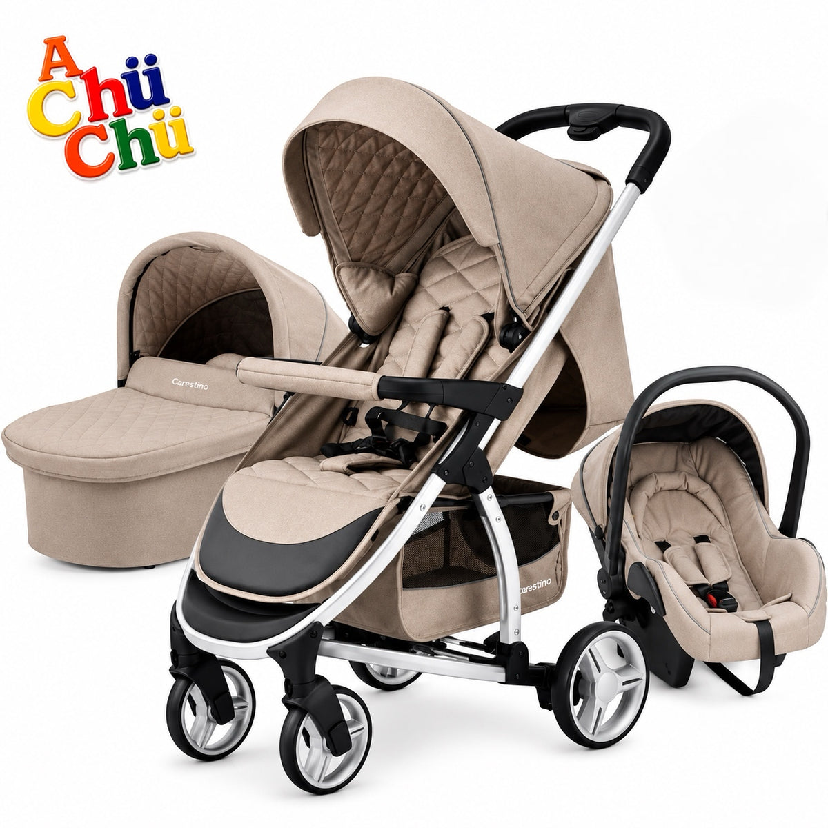 Carestino LONDON 3en1 es un sistema de paseo 3 en 1, pensado para acompañar al bebé desde recién nacido. Incluye cochecito, moisés y Baby Seat, que pueden acoplarse a la estructura según cada etapa 🧡