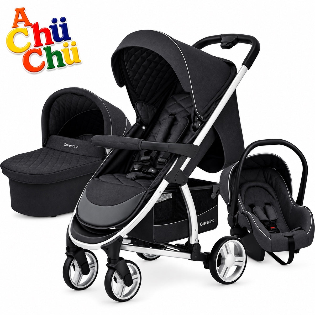 Carestino LONDON 3en1 es un sistema de paseo 3 en 1, pensado para acompañar al bebé desde recién nacido. Incluye cochecito, moisés y Baby Seat, que pueden acoplarse a la estructura según cada etapa 🧡