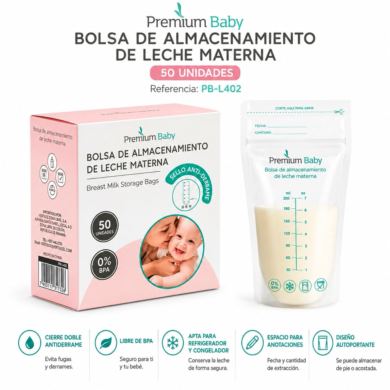 Premium Baby Bolsa de Almacenamiento de Leche Materna – 50 Unidades
PB-L402 💚