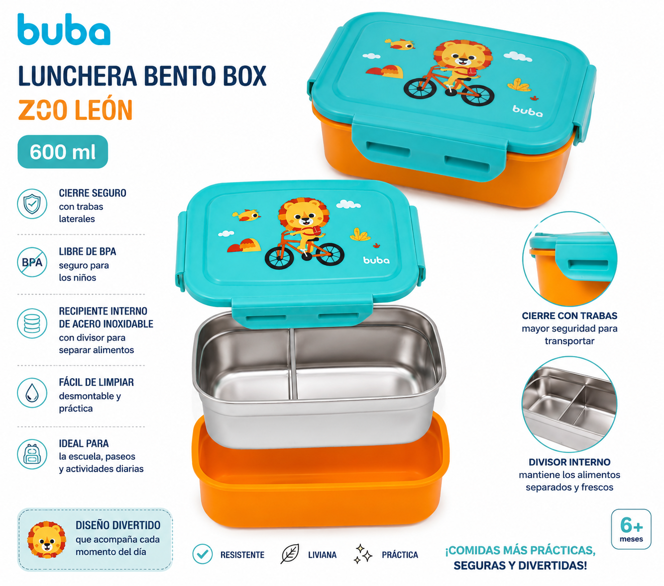 BUBA Lunchera Bento Box 600 ml – Zoo Dino, Zoo León, Zoo Unicórnio  773094 - 778778 - 773100 🦕🦁 🦄