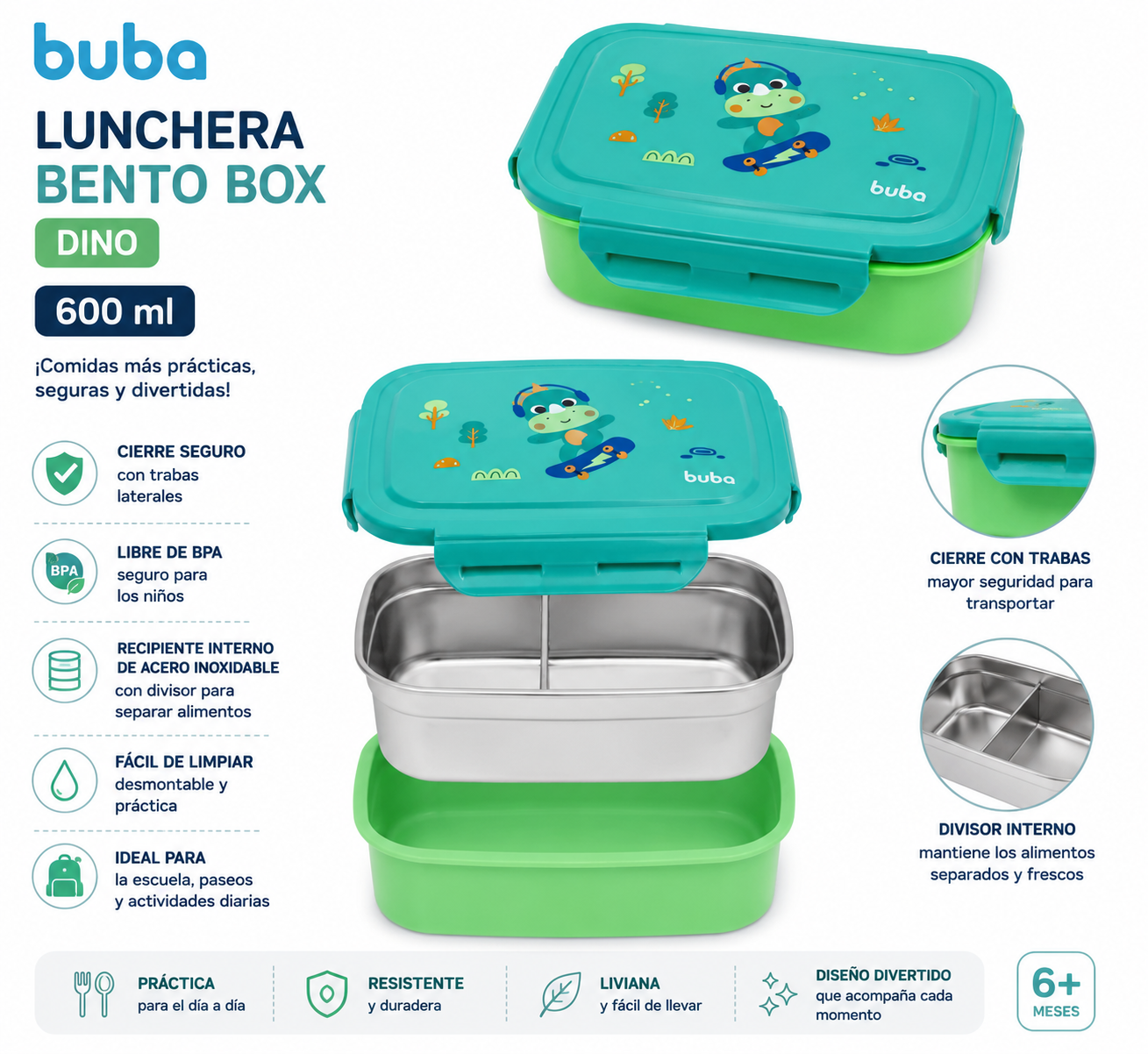 BUBA Lunchera Bento Box 600 ml – Zoo Dino, Zoo León, Zoo Unicórnio  773094 - 778778 - 773100 🦕🦁 🦄