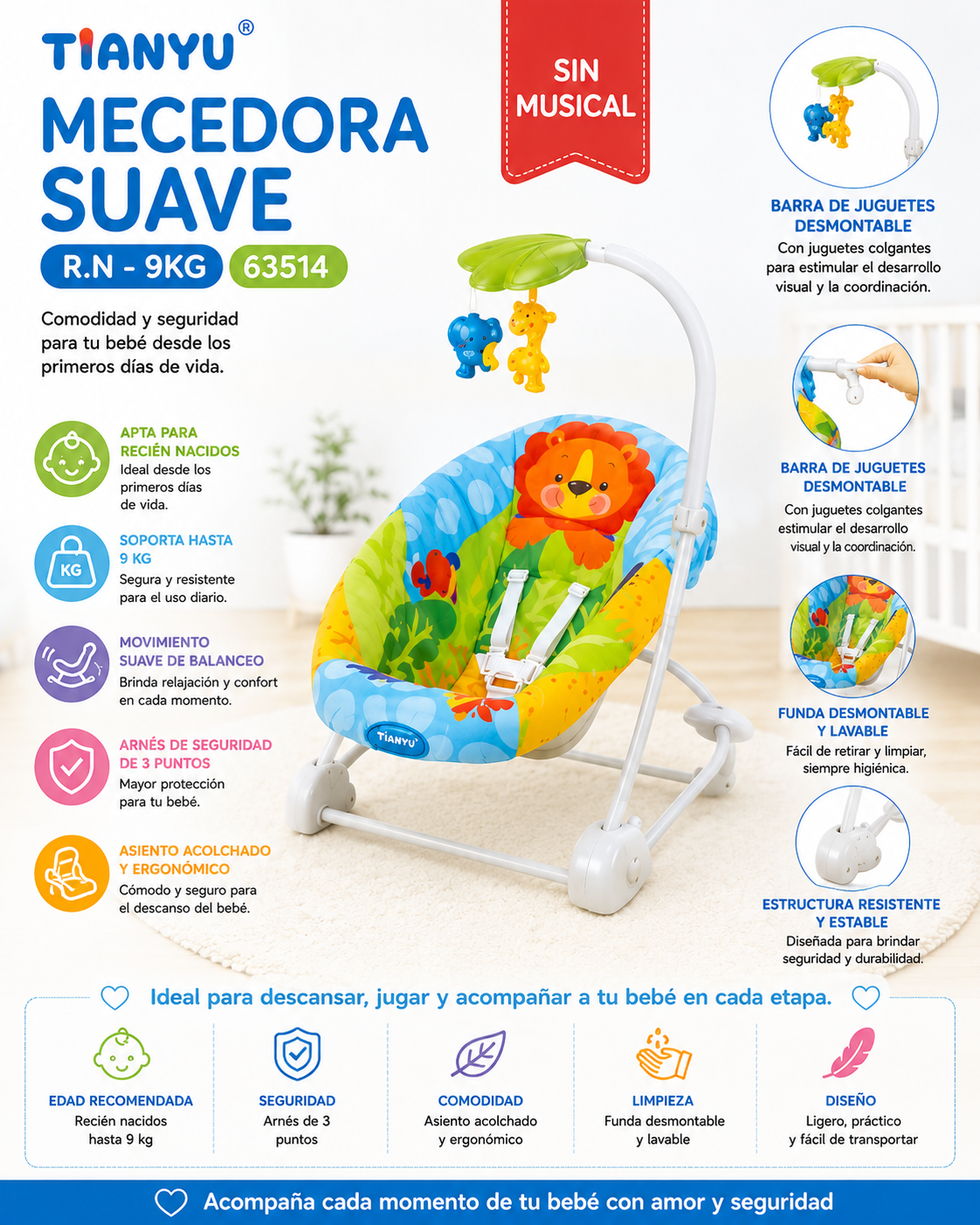 Tianyu Mecedora Suave Musical 0m+ / 9 kg 63514 💚