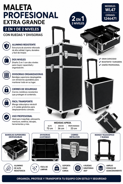 Maleta Profesional Extra Grande  2EN1 de Aluminio con Ruedas y Divisorias Negro & Prateado. WL47 - 1246471 💚