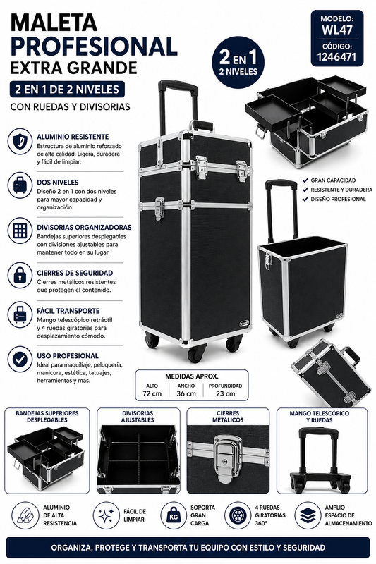 Maleta Profesional Extra Grande  2EN1 de Aluminio con Ruedas y Divisorias Negro & Prateado. WL47 - 1246471 💚