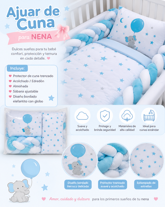 Kit De Cuna 7 Piezas – Diseño Elefantito Con Globo 104096 - 135235 💙