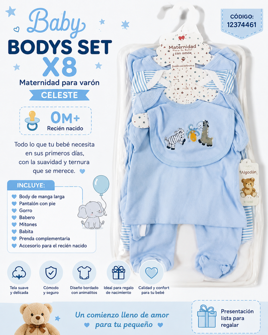 Baby Bodys Set x8 Maternidad Para Varón Celeste 0m+
Código: 12374461