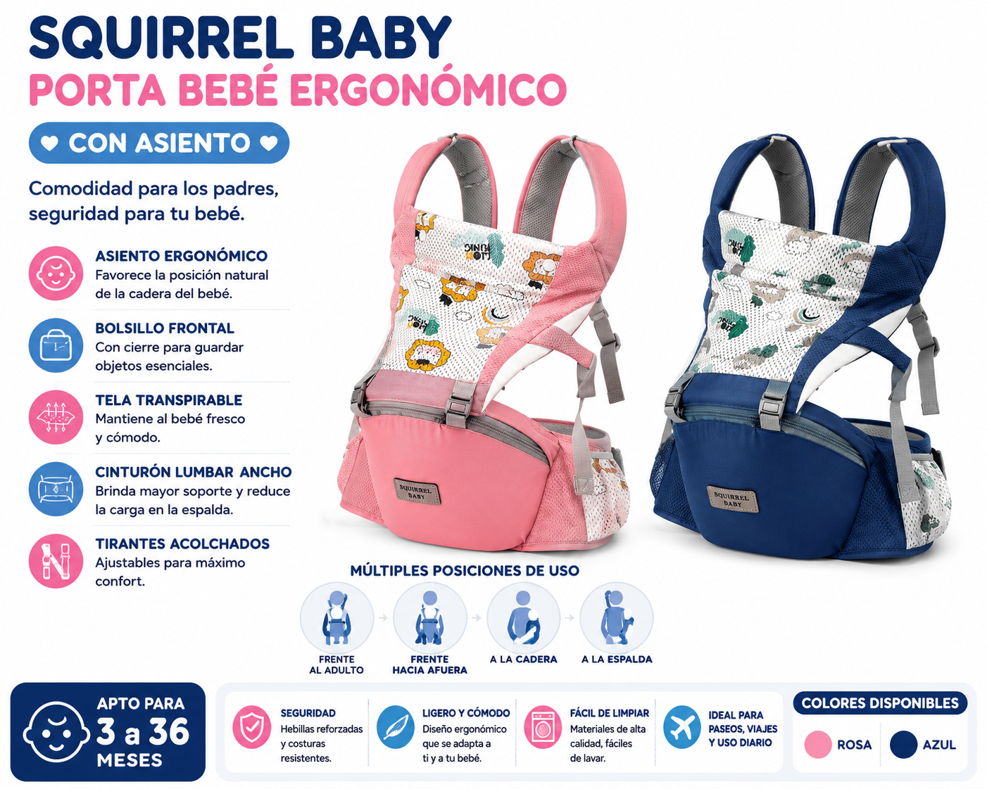 Squirrel Porta Bebé ergonómico c/ asiento 3m-36m 💙🩷