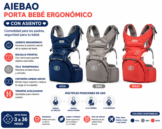 Aiebao Porta Bebé Ergonómico c/ Asiento 3M-36M 💙🩶🩷