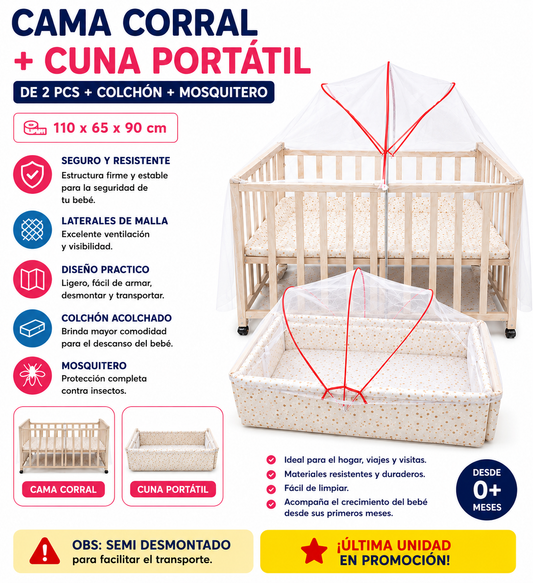 Cama Cuna Portátil De 2 Pcs + Colchón + Mosquitero 110x65x90 - Y609 💚