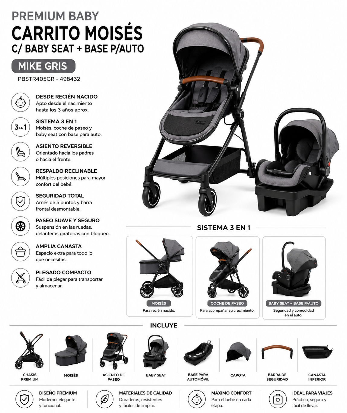 Premium Baby Carrito Moisés C/ Baby Seat+Base p/Auto Mike Gris PBSTR405GR - 498432 💚