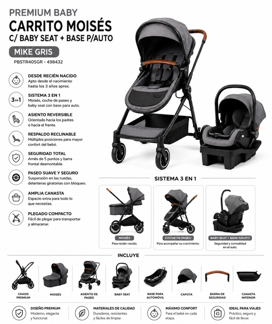 Premium Baby Carrito Moisés C/ Baby Seat+Base p/Auto Mike Gris PBSTR405GR - 498432 💚