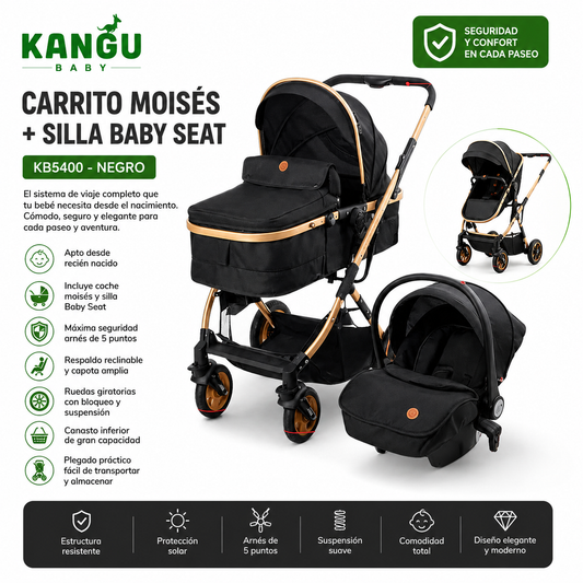 Kangu Baby Carrito Moisés + Silla Baby Seat KB5400 – Negro 💚
