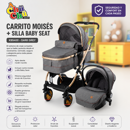 Kangu Baby Carrito Moisés + Silla Baby Seat KB5400 – Gris 💚