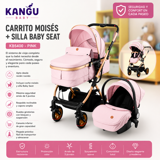Kangu Baby Carrito Moisés + Silla Baby Seat KB5400 – Rosa 💚