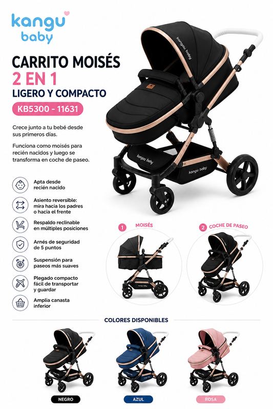Kangu Baby Carrito Moises 2en1 Ligero y Compacto Azul KB5300 – 11631 💚