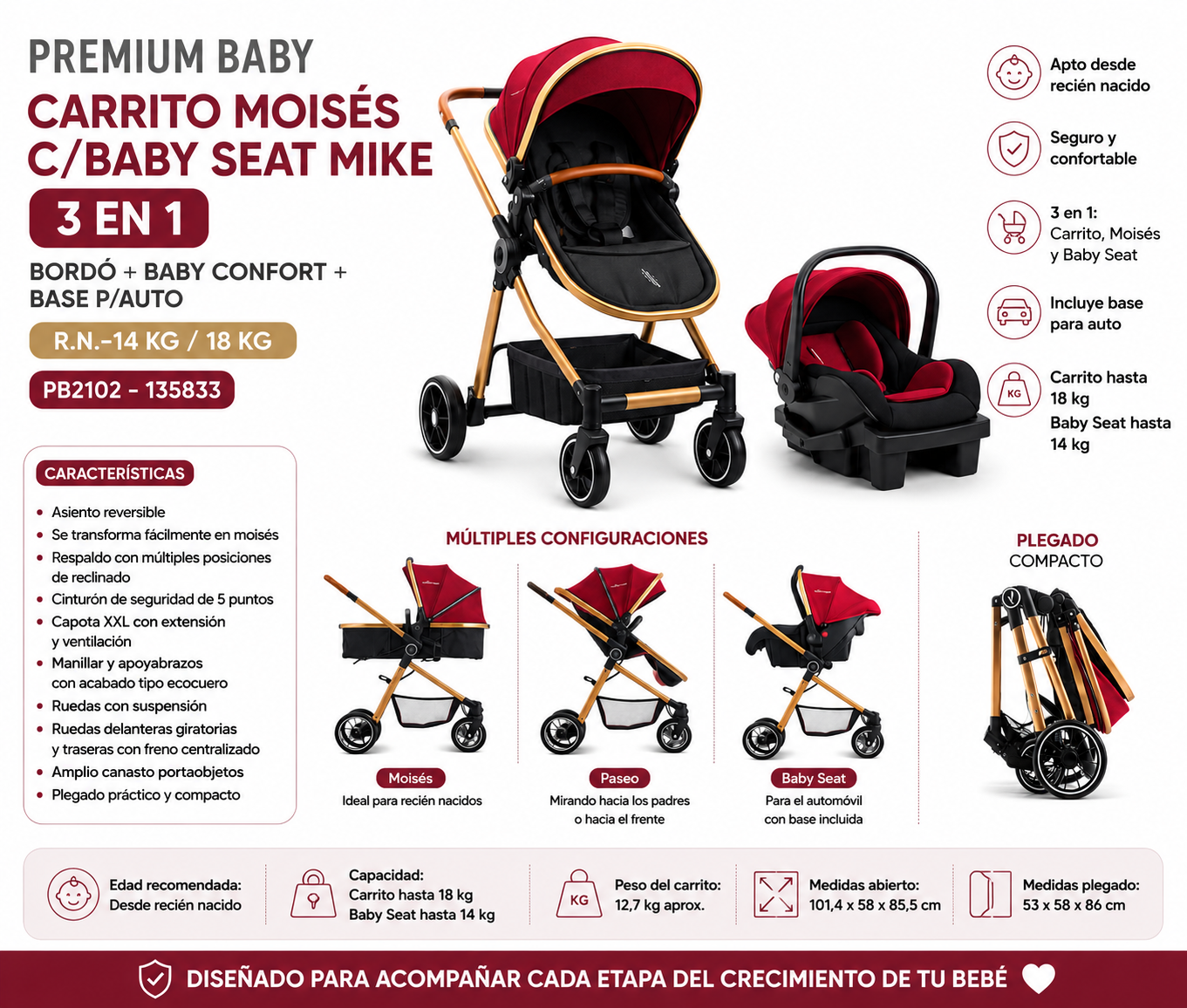 Premium Baby Carrito Moisés C/Baby Seat Mike 3 En 1 Bordó + Baby Confort + Base P/Auto R.N.-14kg/18kg PB2102 - 135833