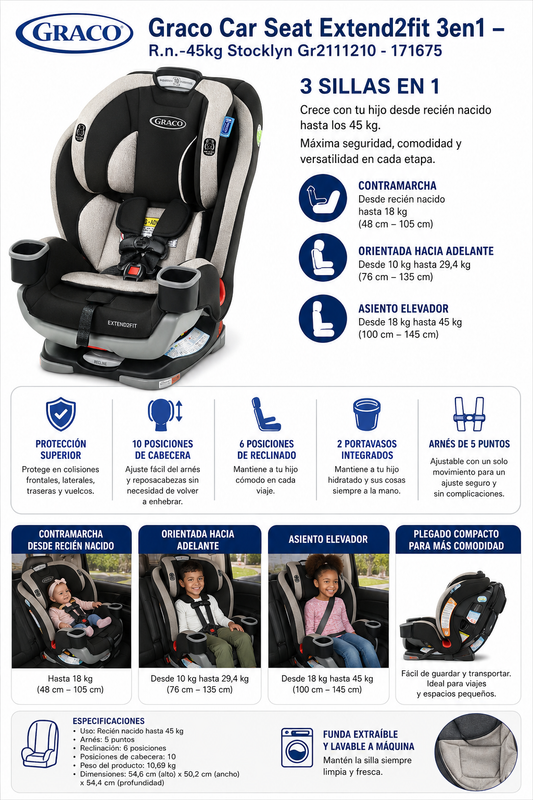 Graco Car Seat Extend2fit 3en1 – R.N.-45kg Stocklyn Gr2111210 - 171675 🩶