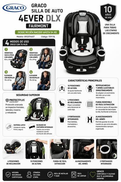 GRACO Silla De Auto 4Ever DLX – Fairmont R.N.-54 kg
Modelo: GR2074607
Código: 159116