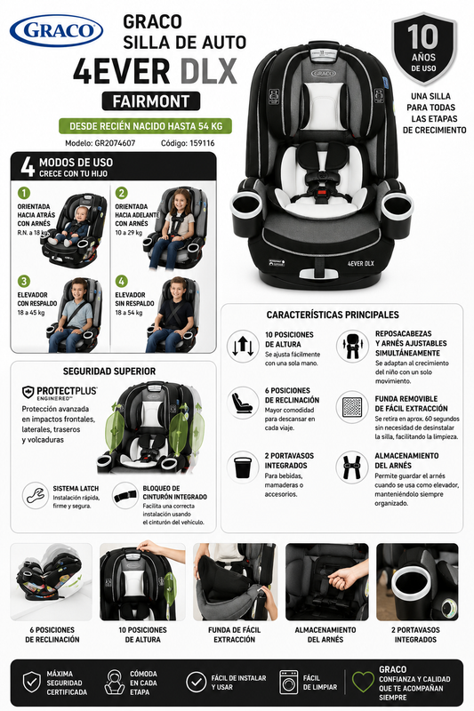 GRACO Silla De Auto 4Ever DLX – Fairmont R.N.-54 kg
Modelo: GR2074607
Código: 159116