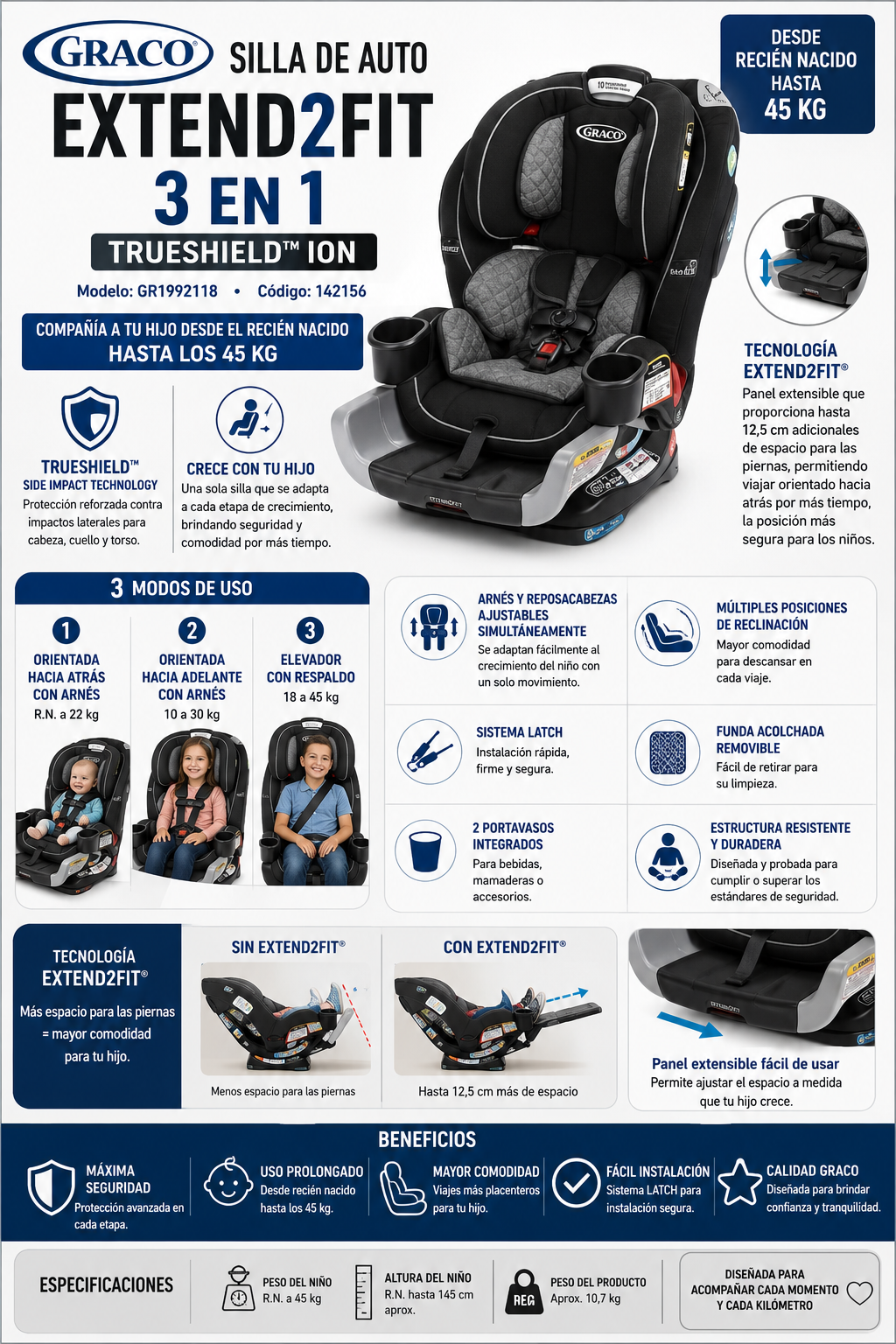 GRACO Silla De Auto Car Seat Extend2Fit 3 En 1 – TrueShield Ion
Modelo: GR1992118
Código: 142156
