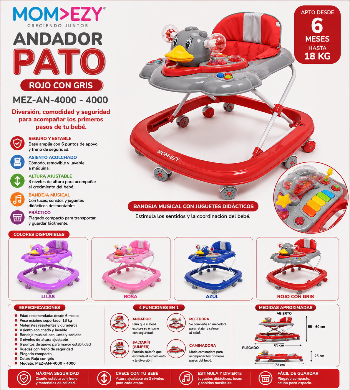 MOM>EZY Andador Pato Rojo c/ Gris – MEZ-AN-4000