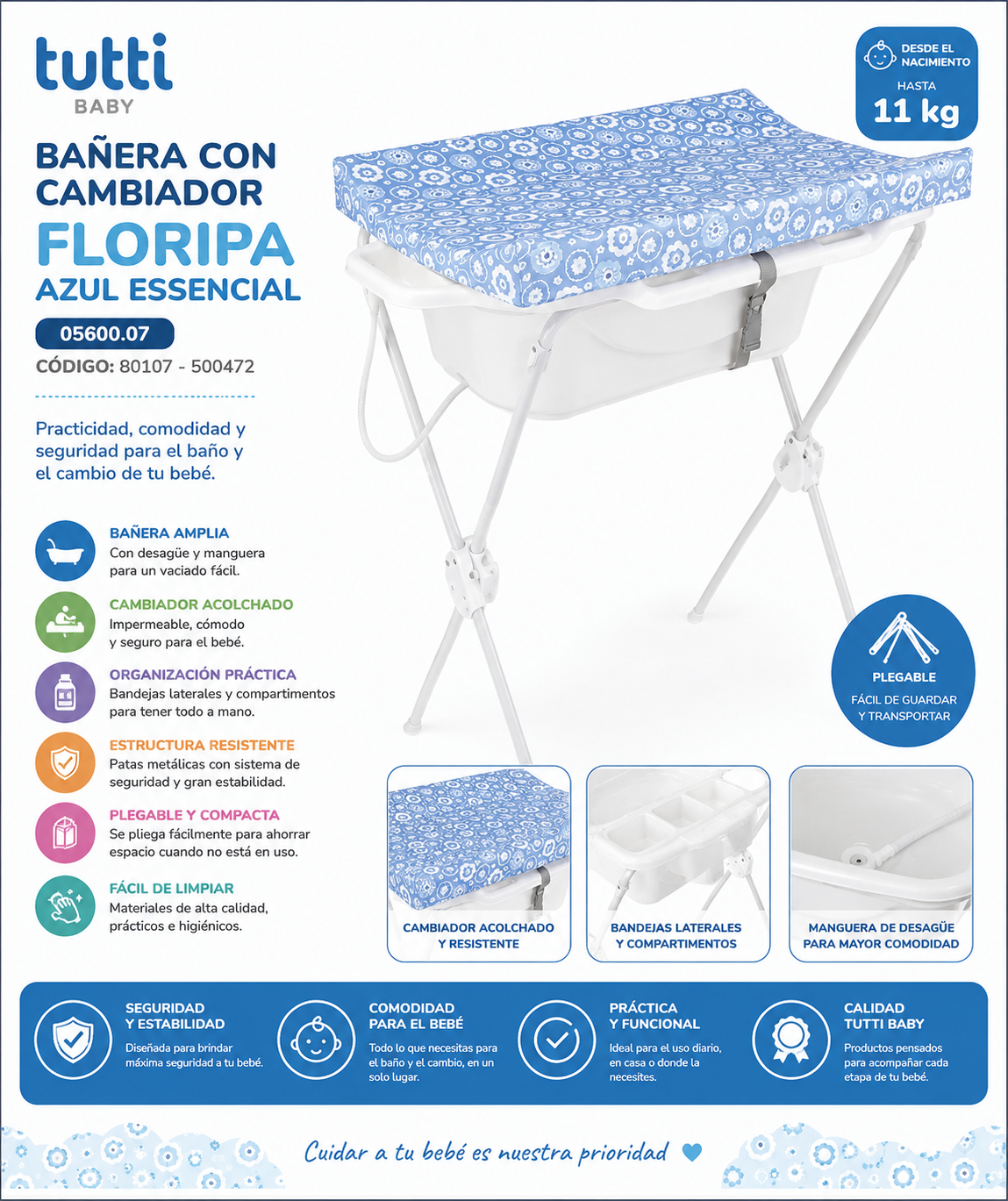 TUTTI BABY Bañera con Cambiador Floripa Azul Essencial
Modelo: 05600.07
Código: 80107 - 500472