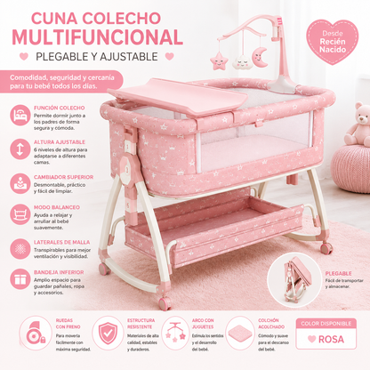 Cuna Colecho Multifuncional P/Bebé Plegable y Ajustable Color Rosa 858858 🩷