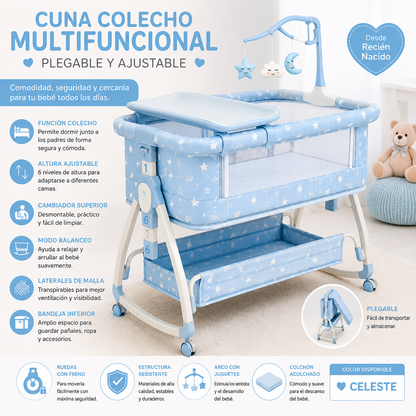 Cuna Colecho Multifuncional P/Bebé Plegable y Ajustable Color Celeste - 858858 🩵