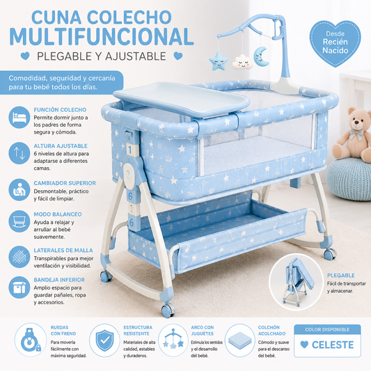 Cuna Colecho Multifuncional P/Bebé Plegable y Ajustable Color Celeste - 858858 🩵