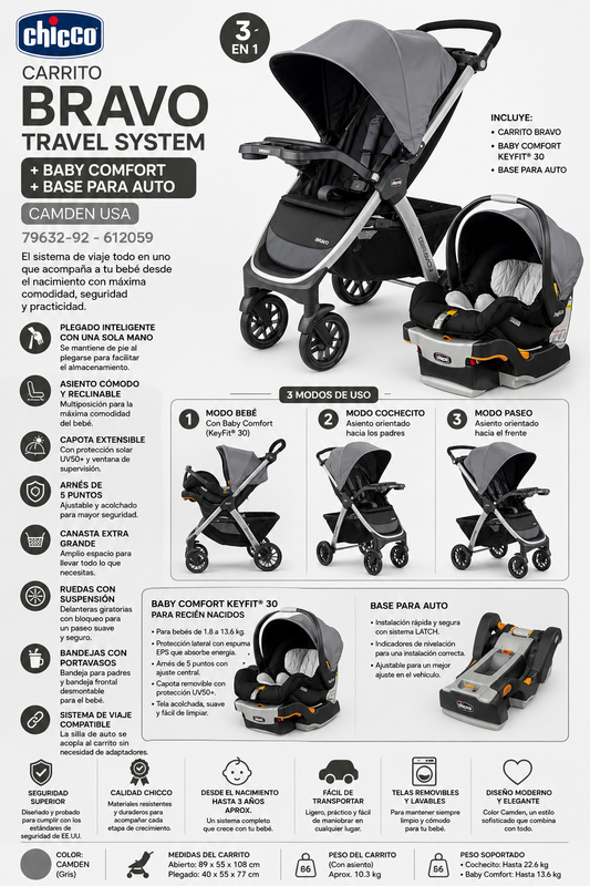Chicco Carrito Bravo Travel System + Baby Comfort + Base Para Auto Camden USA 79632-92 - 612059